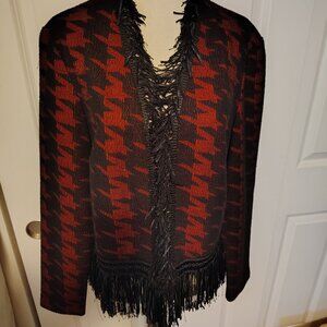 Frank Lyman Designs Red & Black Geometric Throw Sweater Fringe